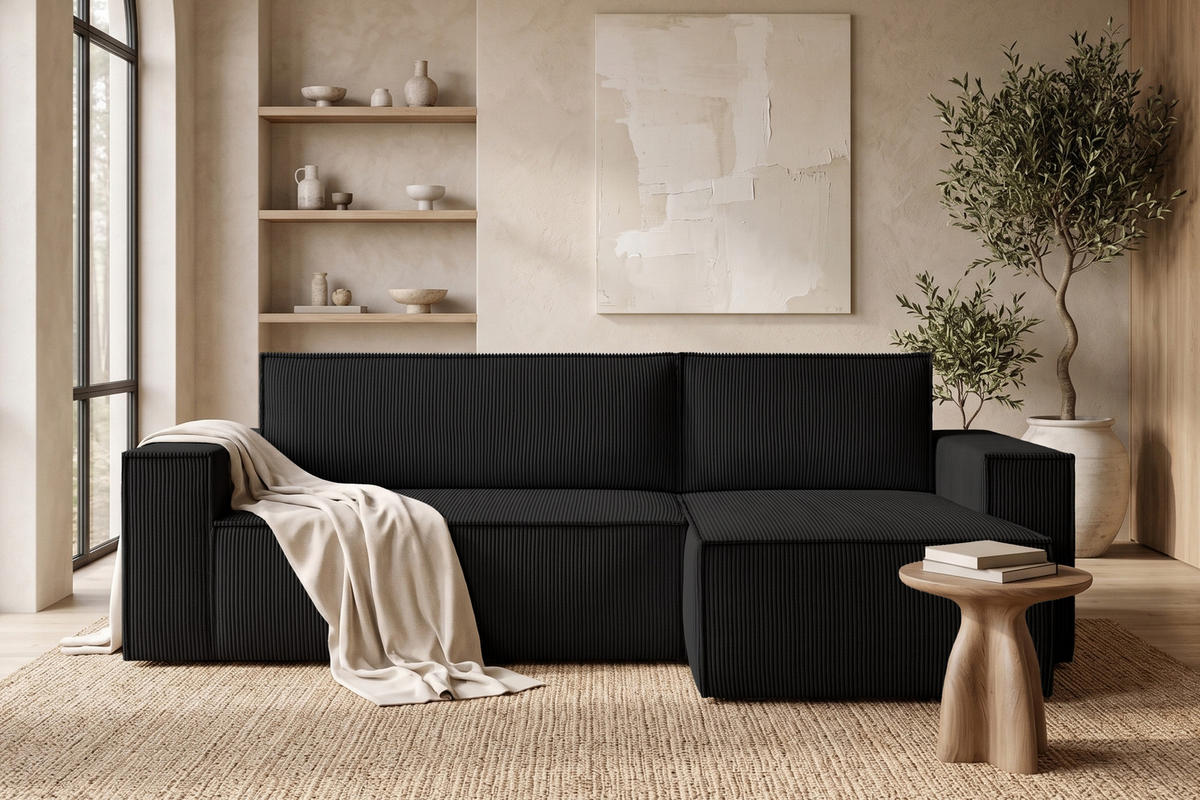 ECKSOFA-LINKS/RECHTS NAPI Schlaffunktion mit Cordbezug, Schwarz - Schwarz, Textil (262/148cm) - KONSIMO®