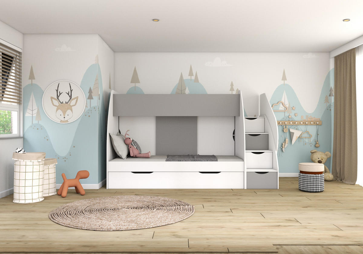 JUGENDZIMMER Etagenbett Luna in Weiß und Grau 80x200cm Liegefläche mit integriertem Regal, Bettschubkasten und Schüben - Weiß, Holzwerkstoff (80/200/120cm)