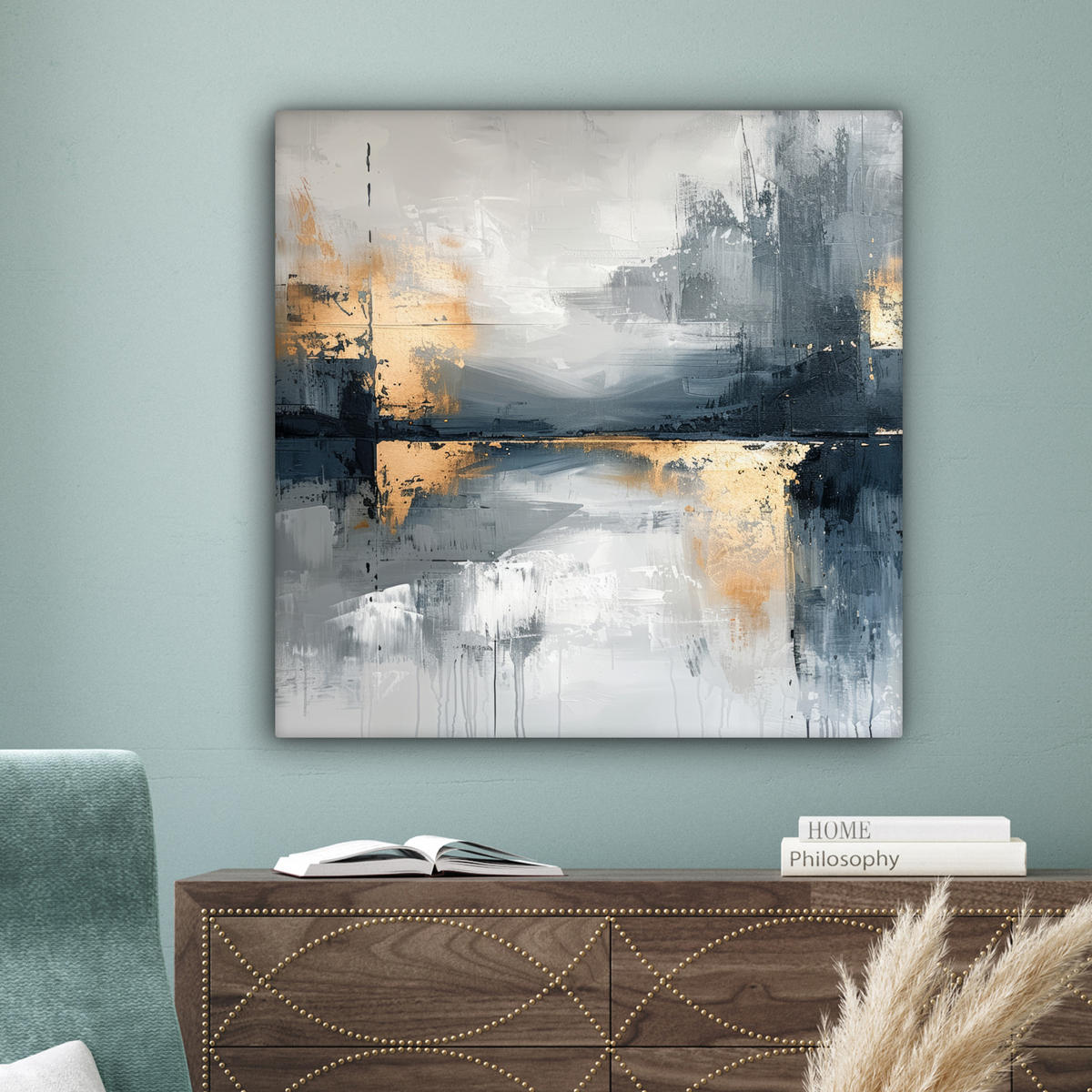 LEINWANDBILD Kunst - Grau - Gold - Abstrakt Deko Groß 90x90 cm - Dunkelgrau, Textil (90/90cm) - MuchoWow