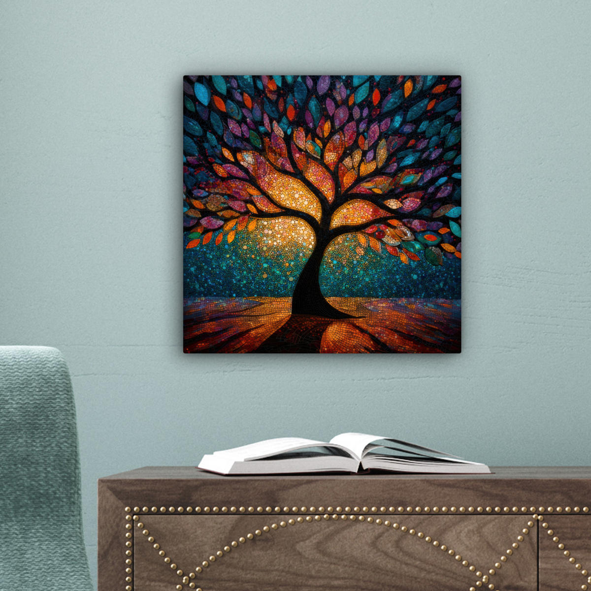 LEINWANDBILD Mosaik - Bunt - Baum - Äste Deko Wohnzimmer 20x20 cm - Multicolor, Textil (20/20cm) - MuchoWow