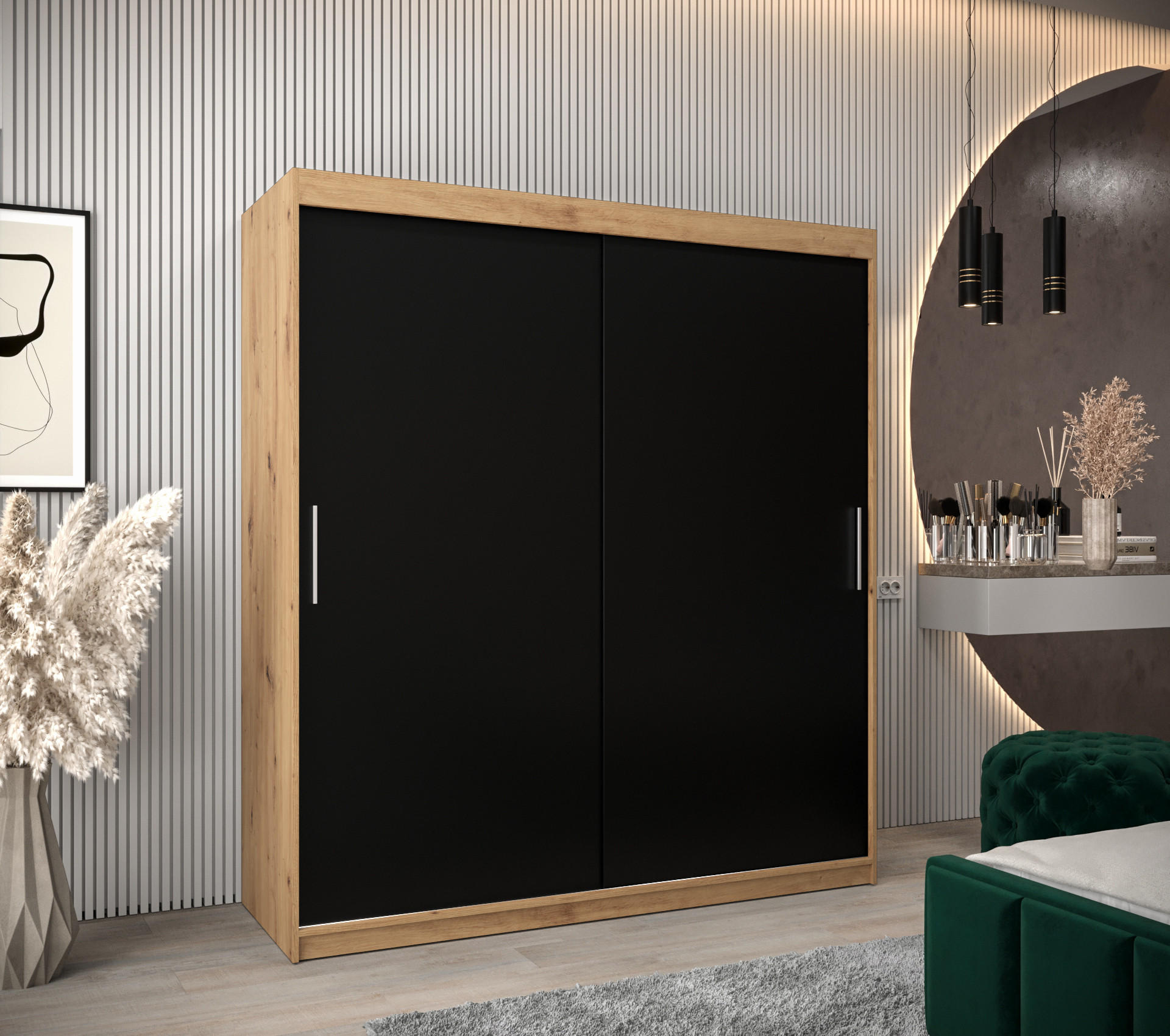 SCHWEBETÜRENSCHRANK 200/180/62 2-türig - Silberfarben/Schwarz, Holz/Kunststoff (180/200/62cm) - Abiks Möbel