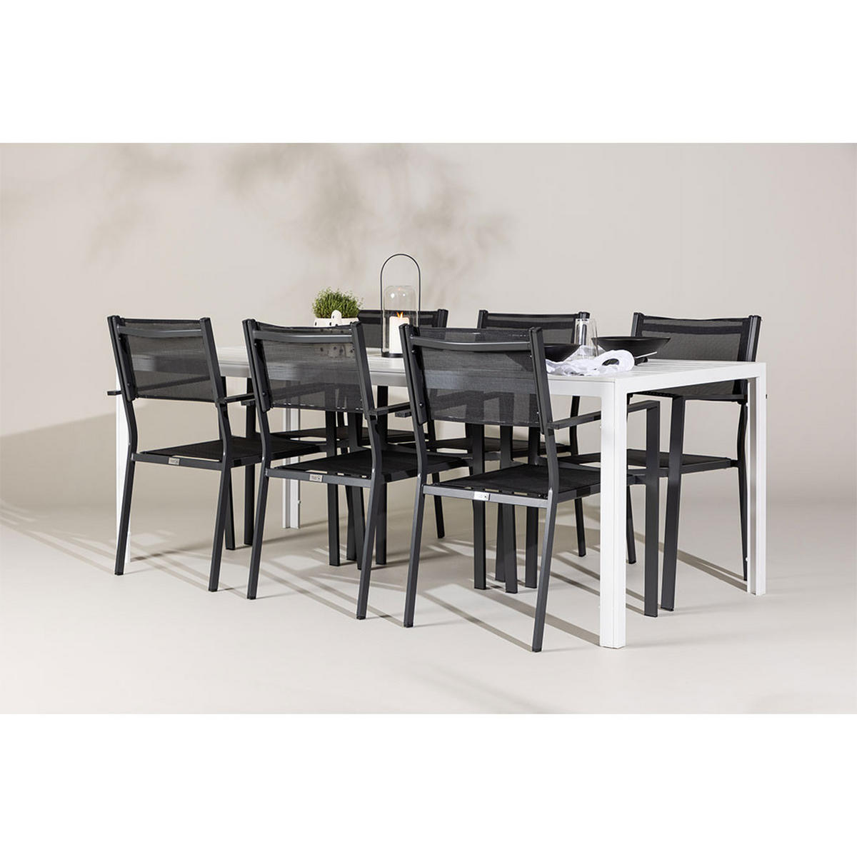 GARTENSET, Break, Tisch Weiß, Stühle Schwarz, Metall / Stoff, 90 x 205 x 75 cm, 7-teilig - Weiß, Metall - ebuy24