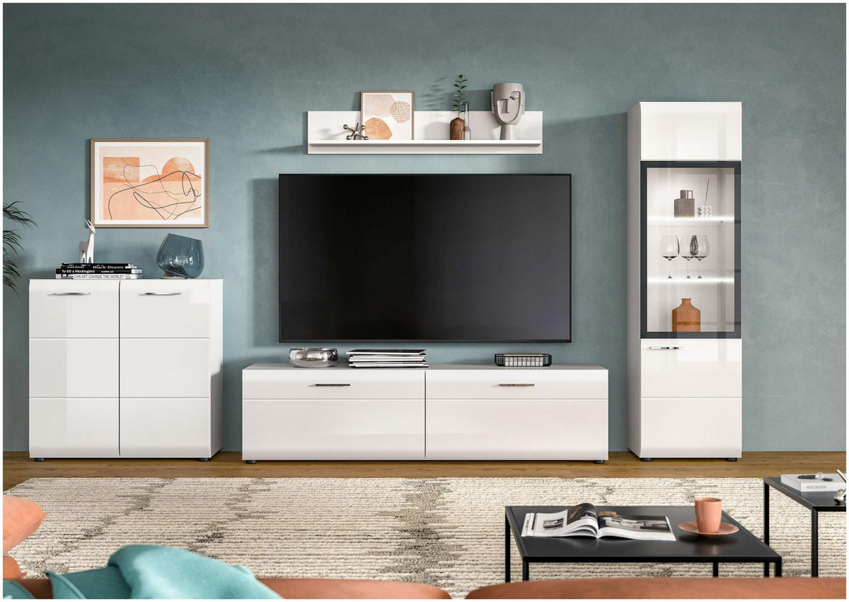 WOHNWAND Ice weiß hochglanz 305/160/41 cm - Weiß, Holzwerkstoff (305/160/41cm) - Xonox