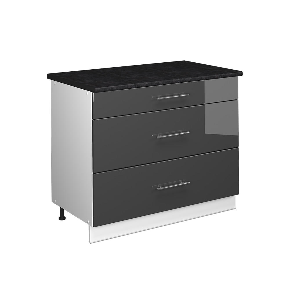 KÜCHENUNTERSCHRANK Fame-Line, Anthrazit Hochglanz/Weiß, 100 cm, AP Anthrazit - Schwarz Hochglanz/Weiß, Holzwerkstoff (100/82/60cm) - Vicco