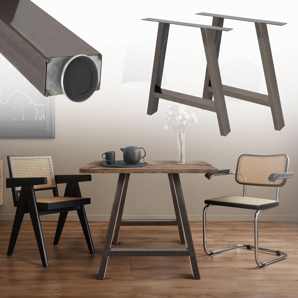 TISCHBEINE 2er Set 70 x 72,5 cm Dunkelgrau A-Form - Graubraun, Metall (70/8/72.5cm) - ECD-Germany