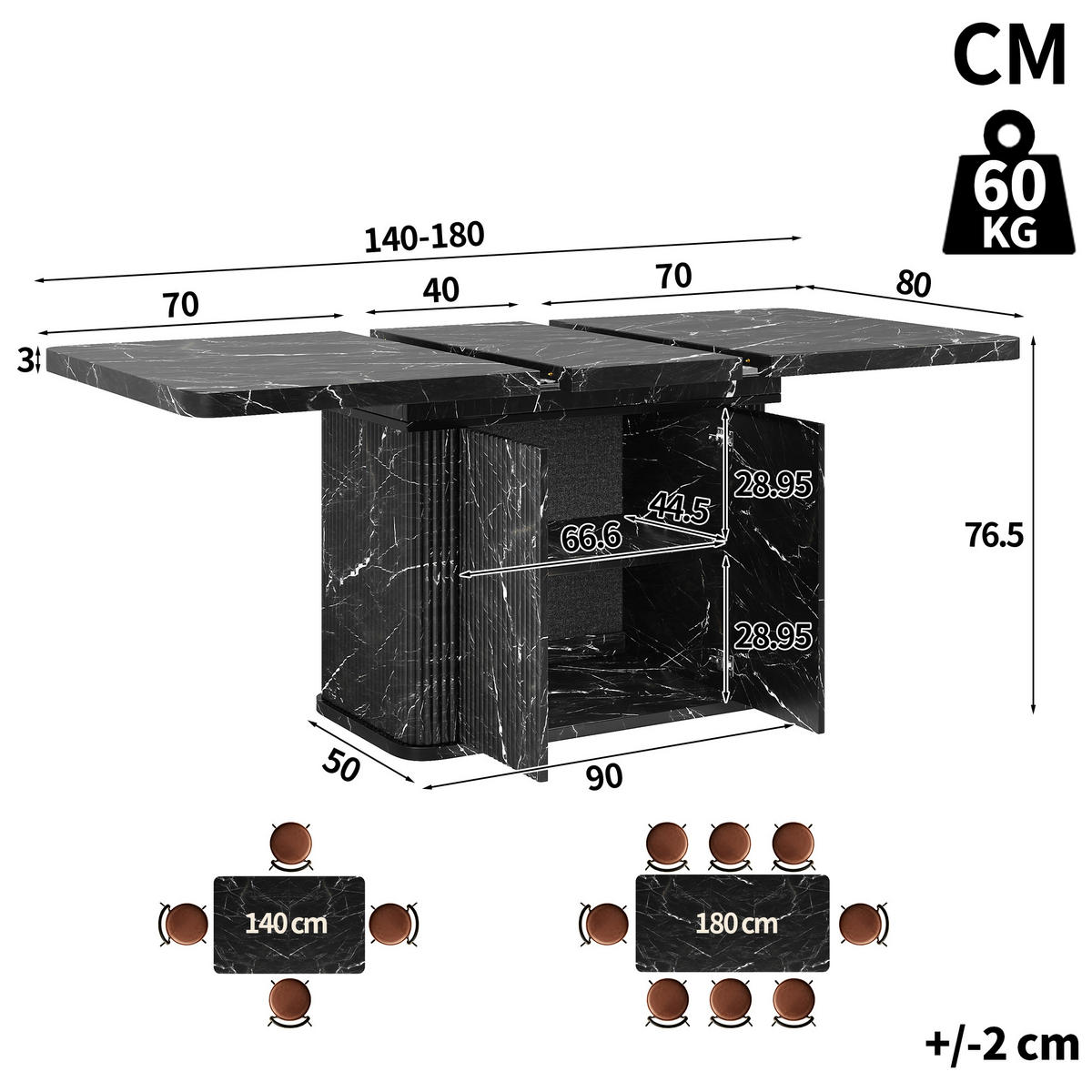 ESSTISCH 140–180/80/76,5 cm, Schwarz/Marmorfarben - Schwarz, Holzwerkstoff/Metall (180/80/76.5cm)