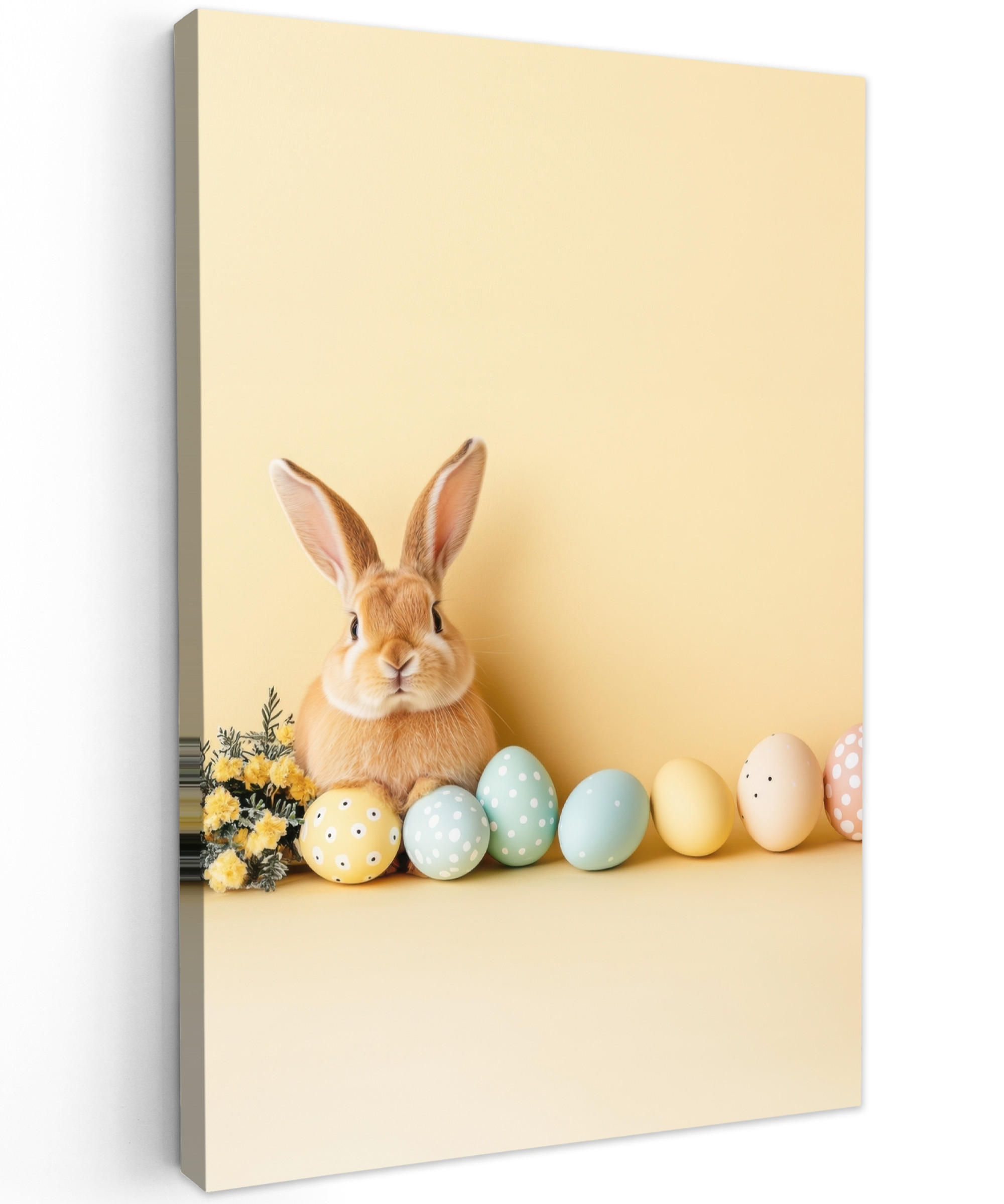 LEINWANDBILD Eier - Kaninchen - Pastellfarbtöne Deko Groß 90x140 cm - Hellgelb, Textil (90/140cm) - MuchoWow