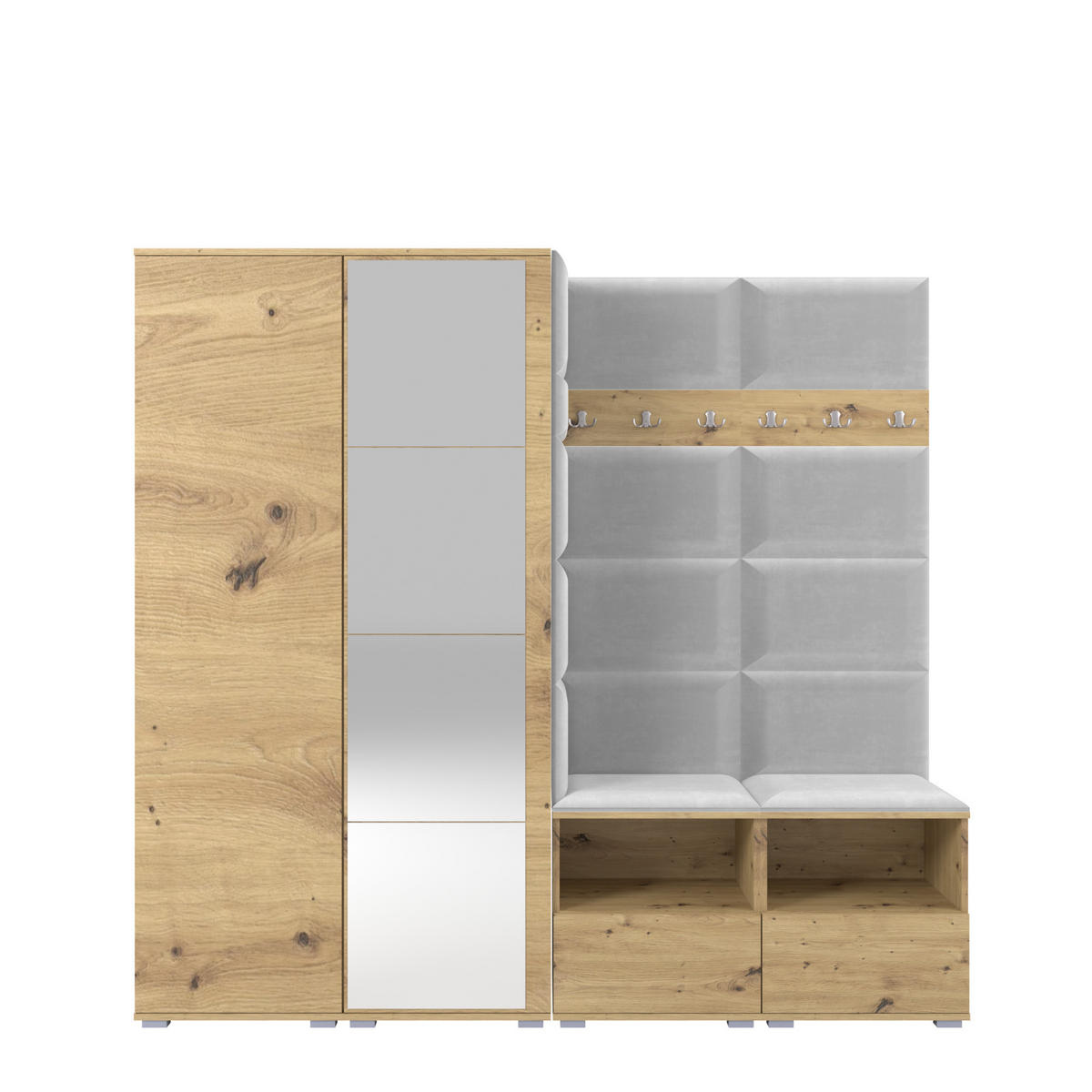 GARDEROBE NELA VI 200 cm (Modulare Flurmöbel Artisan Eiche mit Spiegel & Sitzpolster Hellgrau 32 Universell) - Silberfarben/Hellgrau, Holz/Holzwerkstoff (200/187/40cm) - Ravio