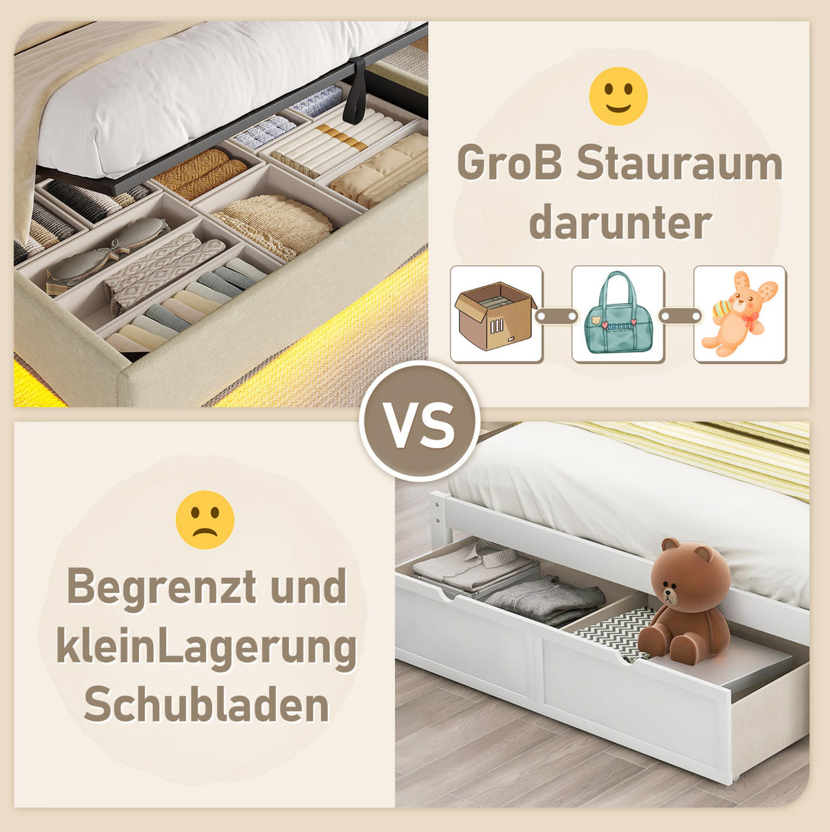 POLSTERBETT 140/200 cm Beige aus Leinen mit LED-Beleuchtung und Stauraum - Beige, Textil (140/200cm) - OKMYHOME