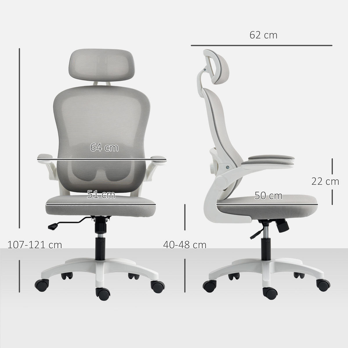 BÜROSTUHL Ergonomischer Schreibtischstuhl mit Hochklappbaren Armlehnen Grau - Weiß/Grau, Kunststoff/Textil (62/115/64cm) - HOMCOM