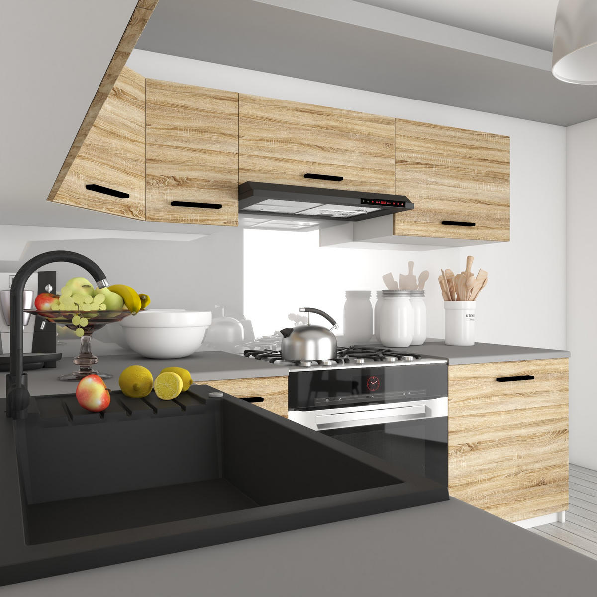 KÜCHENZEILE Italia 7 420 cm , mit Arbeitsplatten, Sonoma Eiche - Sonoma Eiche, Holz (420/143/60cm) - B BELINI GROUP