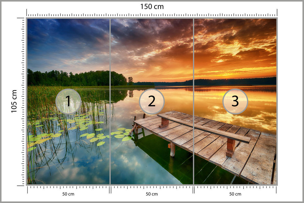 FOTOTAPETE für Wohnzimmer Sonnenuntergang See Steg Bäume 150x105 - Gelb/Beige, Papier (150/105cm) - Muralo