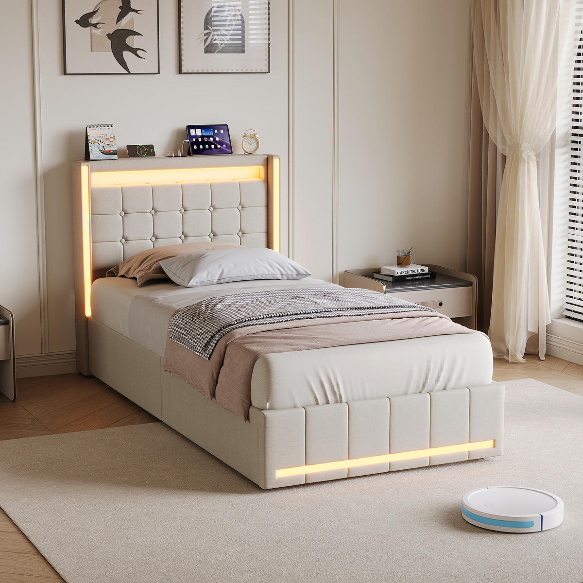 POLSTERBETT 90x200 cm Beige mit LED, Stauraum, USB-C & hydraulischem Lattenrost - Beige, Holz (90/200cm)