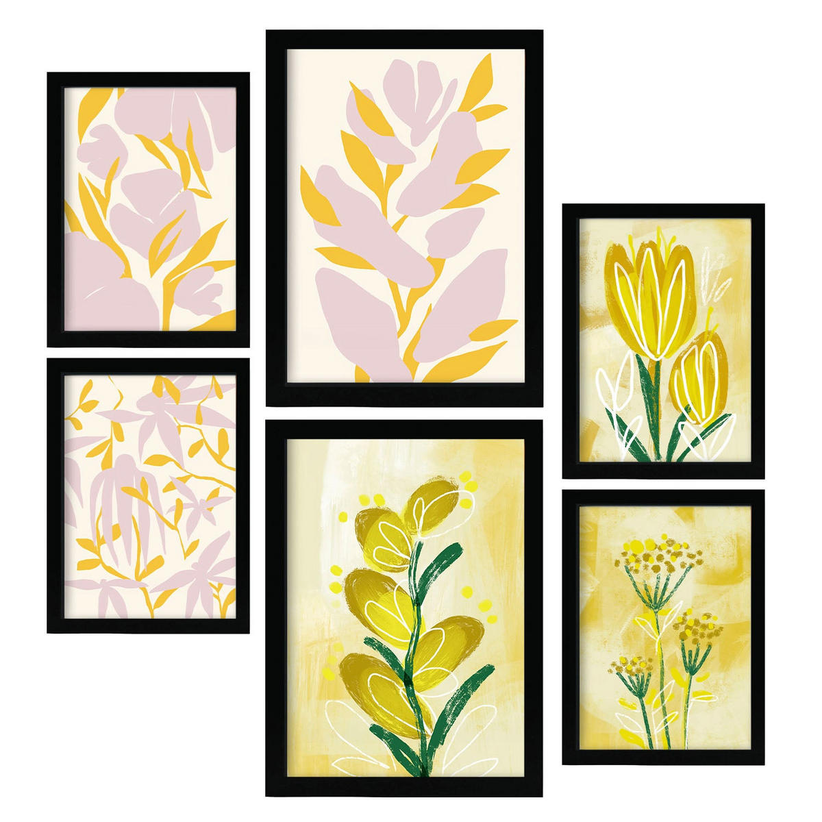 POSTER Set Mit 6 Restful Posy In Blume Zusammenfassung A3 & A4 Schwarzer Rahmen - Schwarz, Papier (29/3cm) - Nacnic