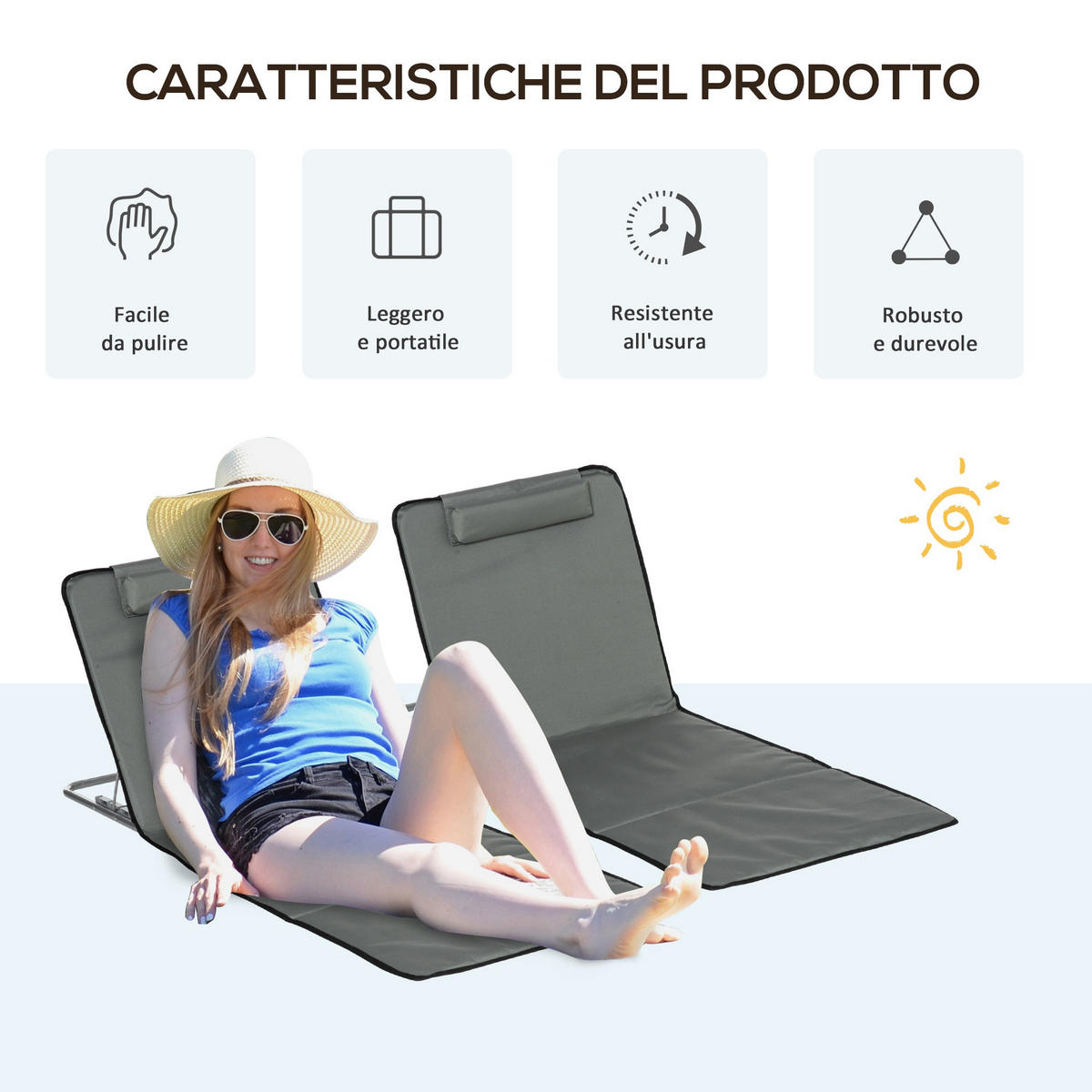 SONNENLIEGE Set mit 2 klappbaren Strandliegen mit 5-fach verstellbarer Rückenlehne und Tragetasche,124*53*45 cm,,Grau - Grau, Metall (53/45/124cm) - Vallsero