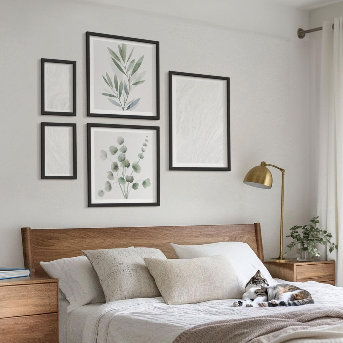 WANDBILDER 5er-Set - 50x50 cm & 20x30 cm & 40x60 cm Schwarzer Rahmen - Marmorstruktur, pastellfarbene Zweige - Schwarz, Kunststoff (40/60cm) - ArtPrintCave