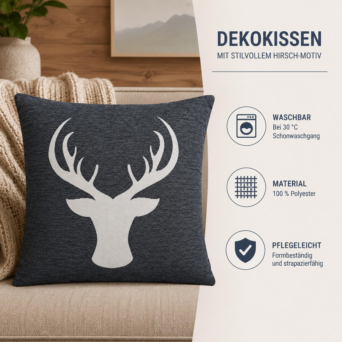 KISSENBEZUG 45/45 cm Hirsch Dunkelgrau - Dunkelgrau, Textil (45/45cm) - TiborTex