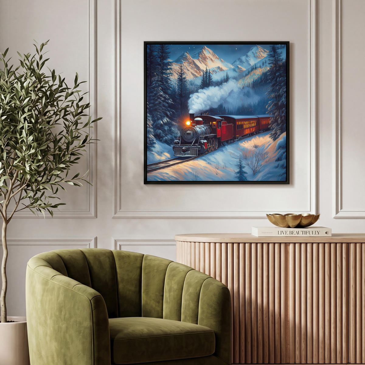 LEINWAND Bilder mit Rahmen - Zug - Weihnachten - Schnee - Weihnachtszug - 50x50 - Anthrazit, Textil (50/50cm) - MuchoWow