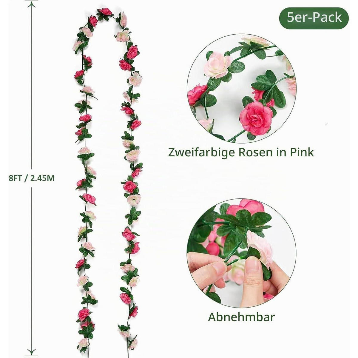 KÜNSTLICHE Blumengirlande 5 Stück 2,45 m Rosa Rosen - Multicolor, Kunststoff (1cm)