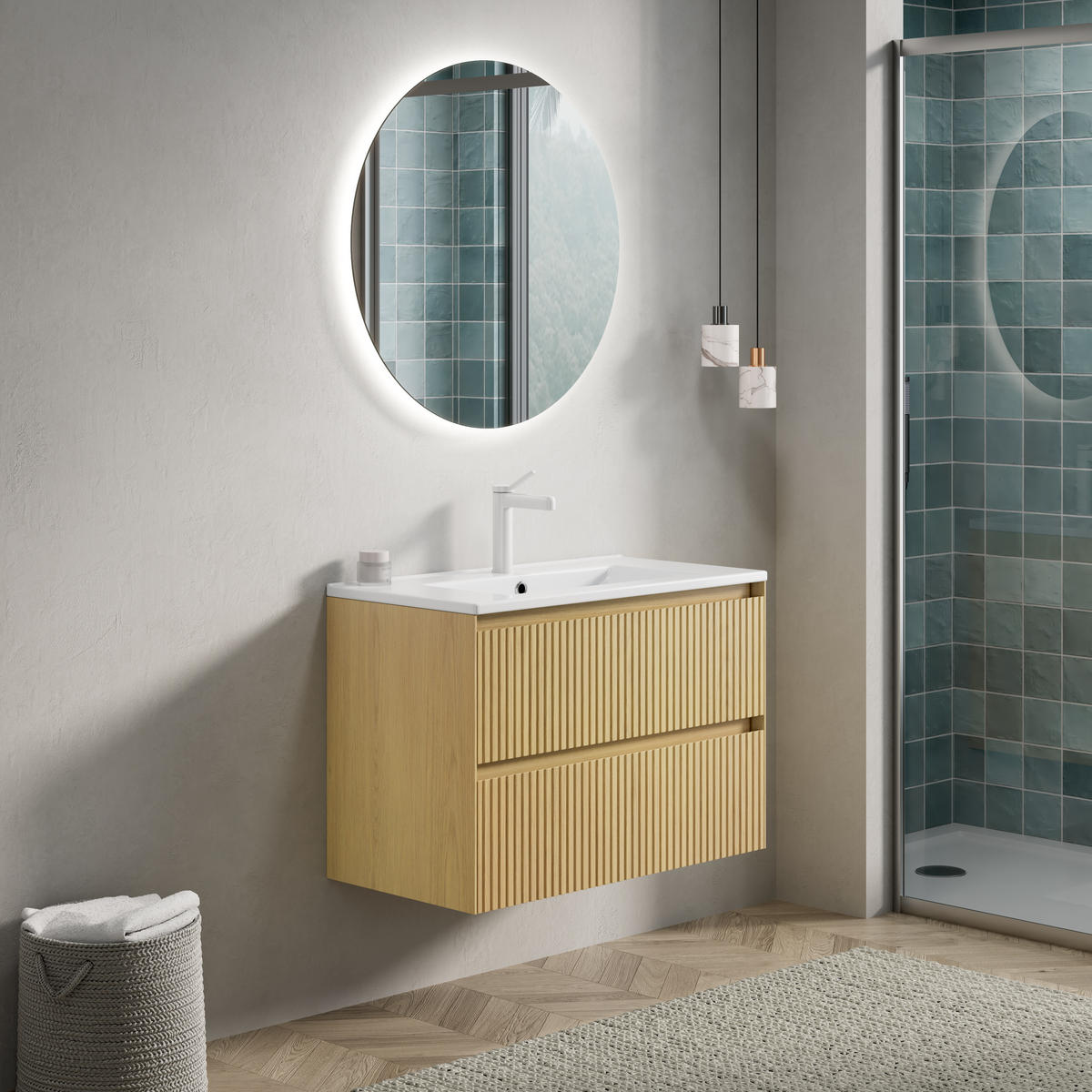 BADEZIMMERSCHRANK 75x39x51.5 cm Goldene Eiche & Weiß aus Keramik mit 2 Schubladen - Eichefarben, Keramik (75/51.5/39cm) - Modfu