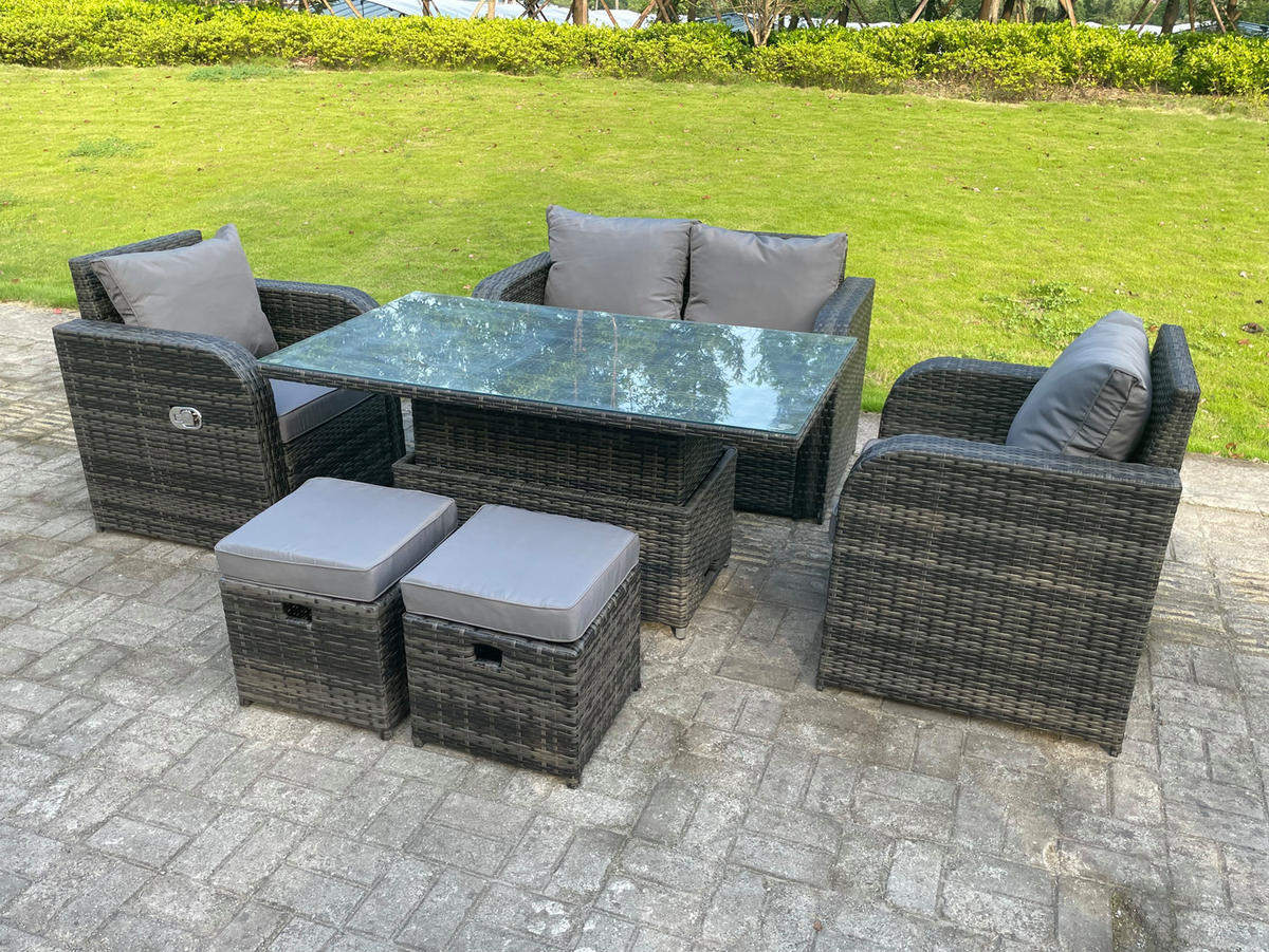 GARTENMÖBELSET Polyrattan 6-Sitzer - Dunkelgrau/Grau, Glas/Kunststoff - Fimous