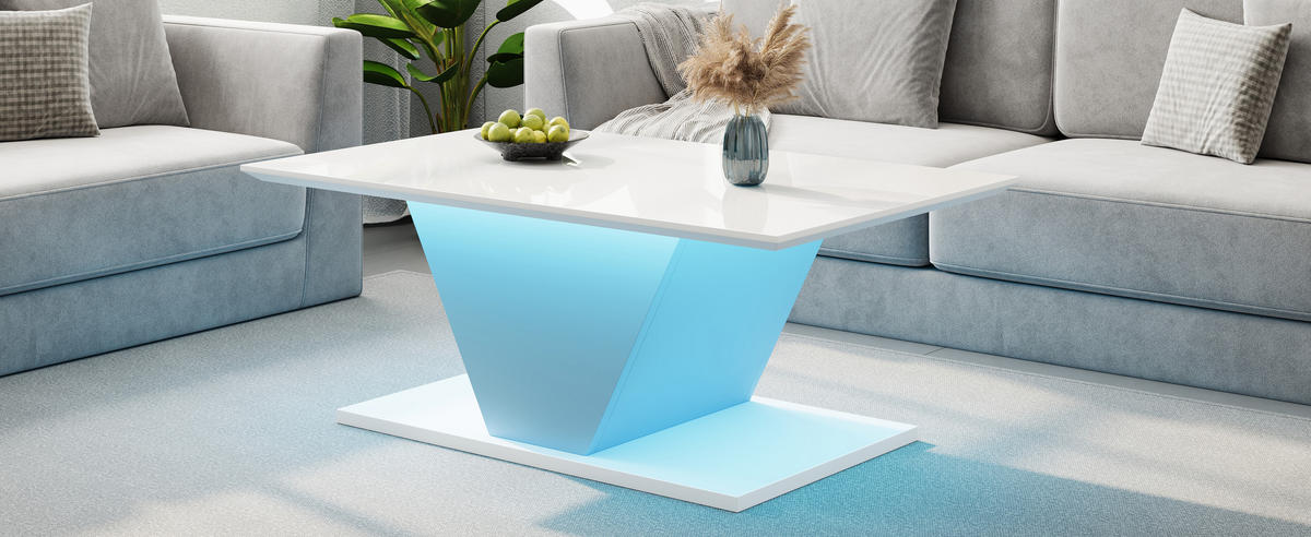 COUCHTISCH, V‑Form, weiß mit Hochglanz-Tischplatte und steuerbarer LED-Beleuchtung, 100/50/46 cm,weiß - Weiß, Holzwerkstoff (100/50/46cm) - Redom