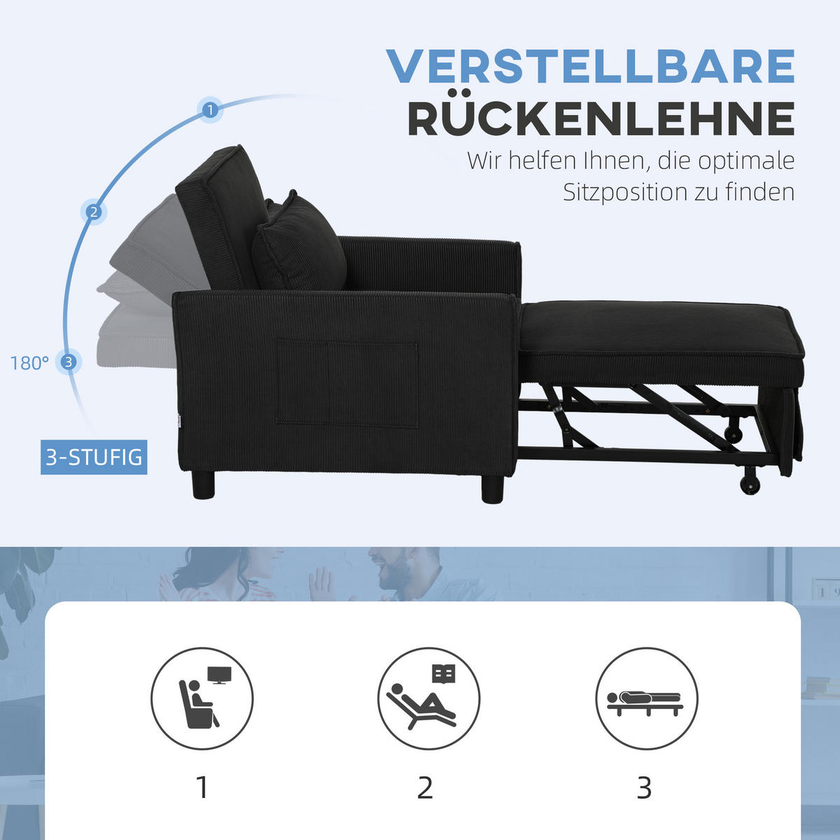 3-IN-1 Schlafsessel, Klappbett mit Bettfunktion, Lendenkissen für Wohnzimmer - Schwarz, Kunststoff (74/81/84cm) - HOMCOM