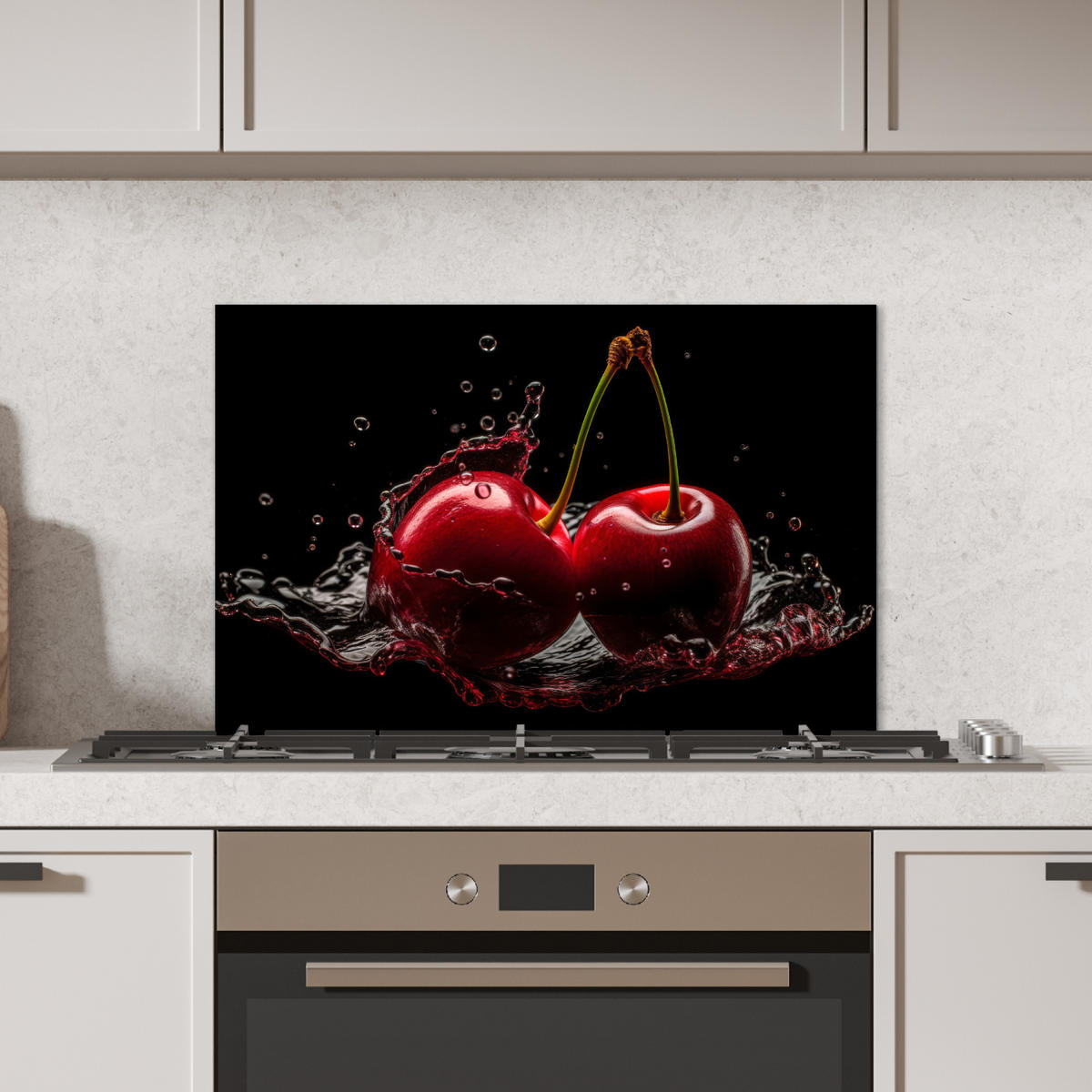 SPRITZSCHUTZ KÜCHE Kirsche - Rot - Frucht - Wasser - Schwarz 60x40 cm - Kirschrot, Metall (60/0.3/40cm) - MuchoWow