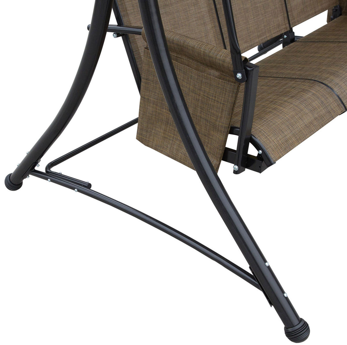 HOLLYWOODSCHAUKEL 196/128/172 cm mit verstellbarem Sonnendach und Seitentaschen aus Polyester, Braun - Braun, Metall (128/172/196cm) - Redom