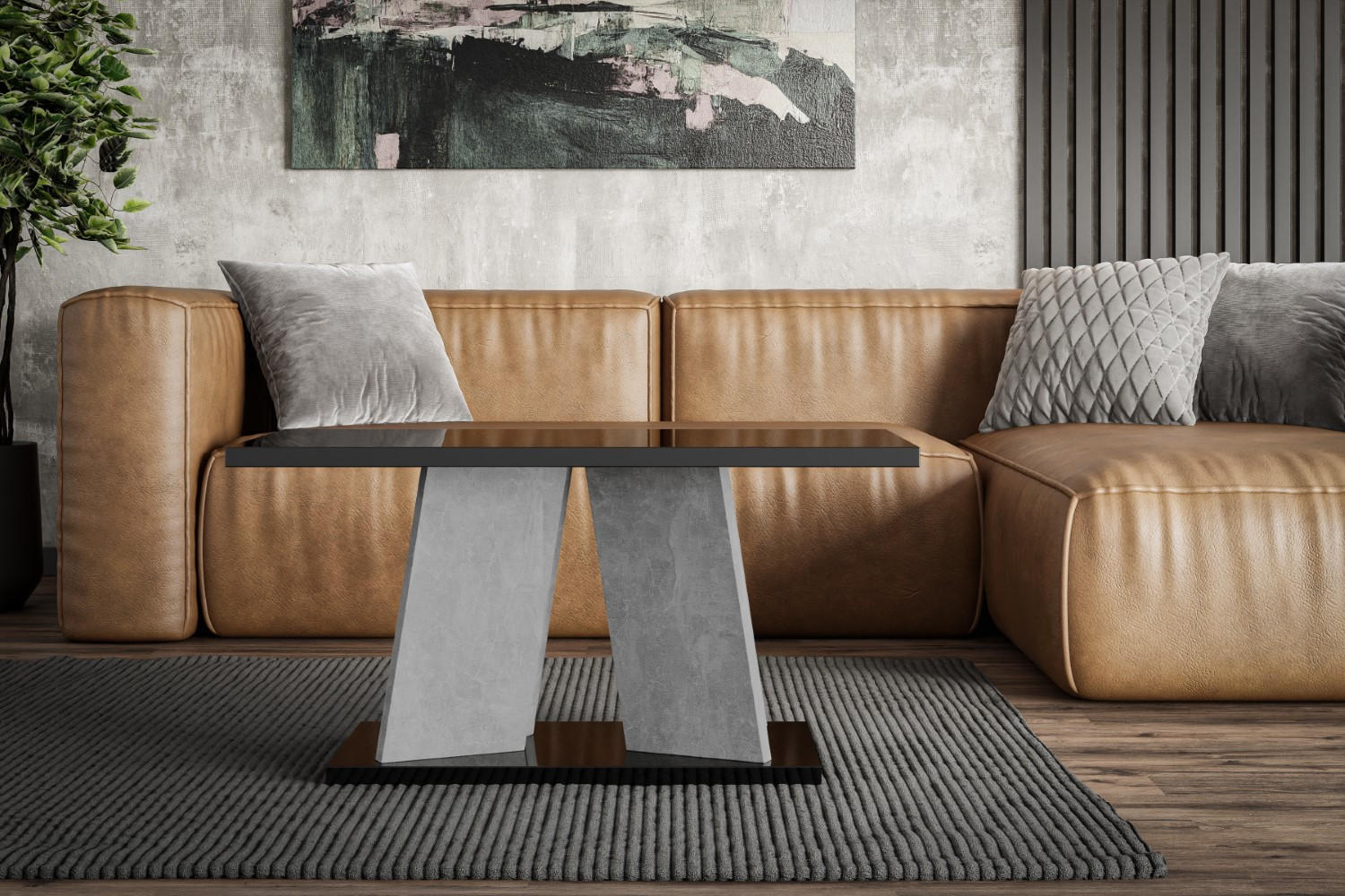 KAFFEETISCH 110x70x60 cm - Hochglanz Schwarz / Betonoptik - UFOM - Schwarz Hochglanz, Holzwerkstoff (110/70/60cm) - ALTDECOR