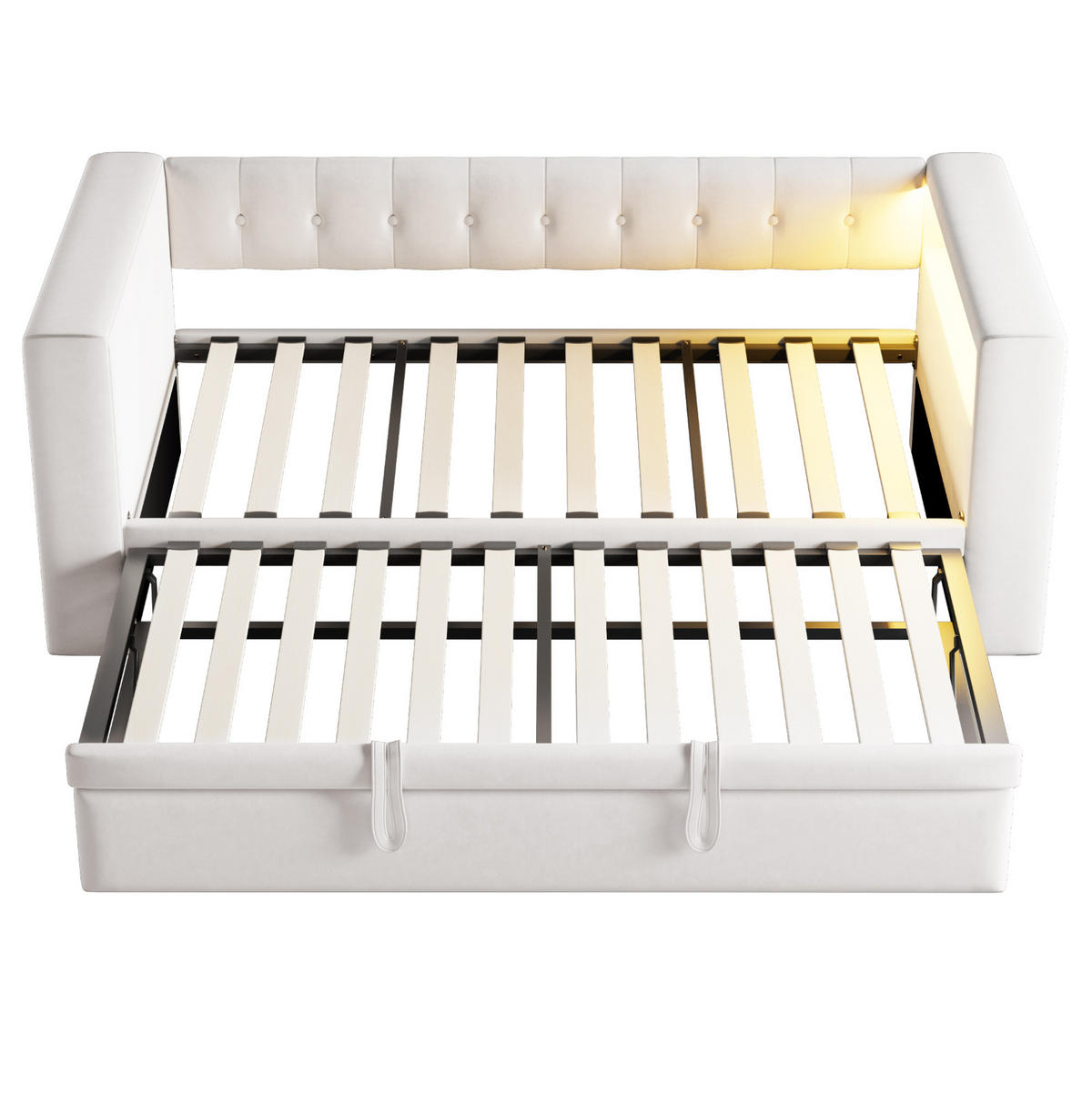 POLSTERBETT 90/180 x 190 cm aus Flannelette mit LED-Beleuchtung Steckdose und Stauraum Beige - Beige, Textil (90/180cm) - Modenvie