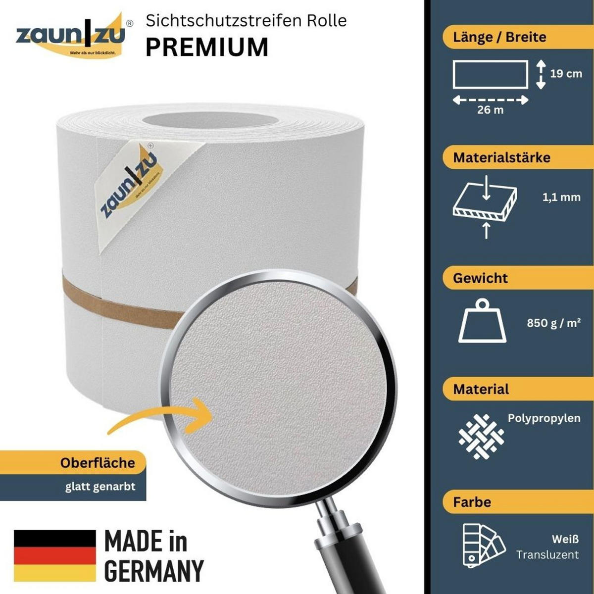 SICHTSCHUTZSTREIFEN Premium für Doppelstabmatten Zaunblende Weiß, 26m - Weiß, Kunststoff (2600/19cm) - ZAUN|ZU
