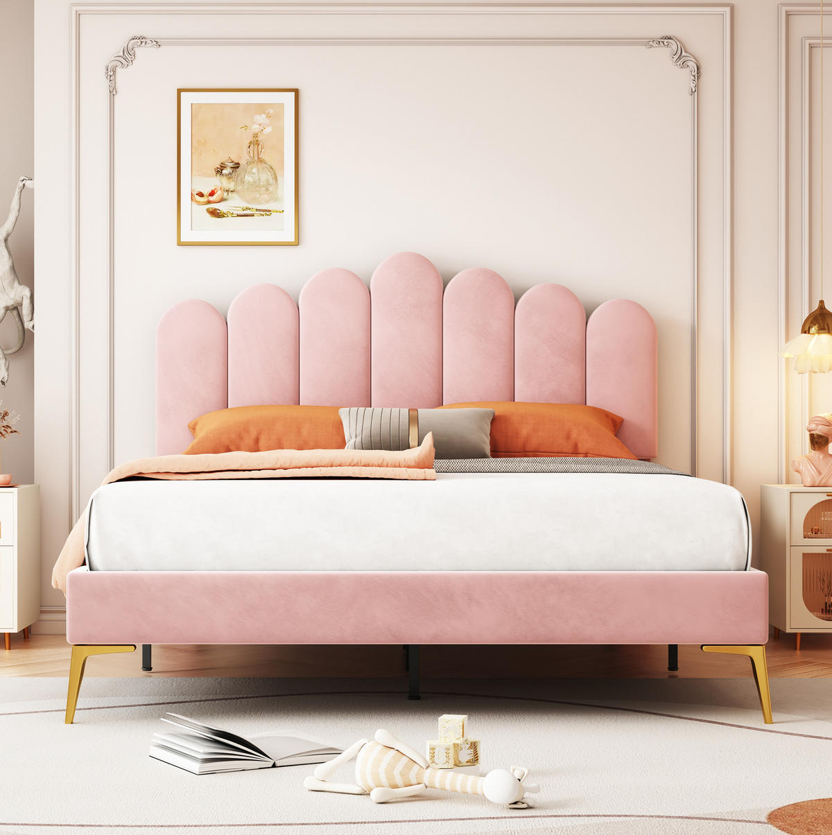 POLSTERBETT 140/200 cm rosa aus Samt mit höhenverstellbarem Kopfteil - Rosa, Textil (140/200cm) - OKWISH