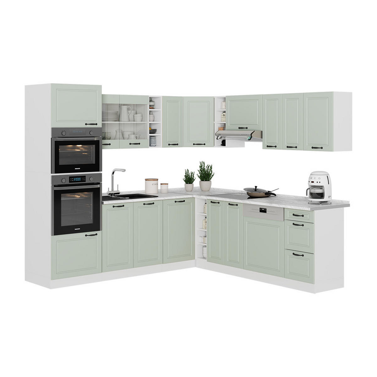 ECKKÜCHE R-Line, Mint Landhaus/Weiß, 247 x 237 cm - Weiß/Grün, Holzwerkstoff (247/206.8/60cm) - Vicco