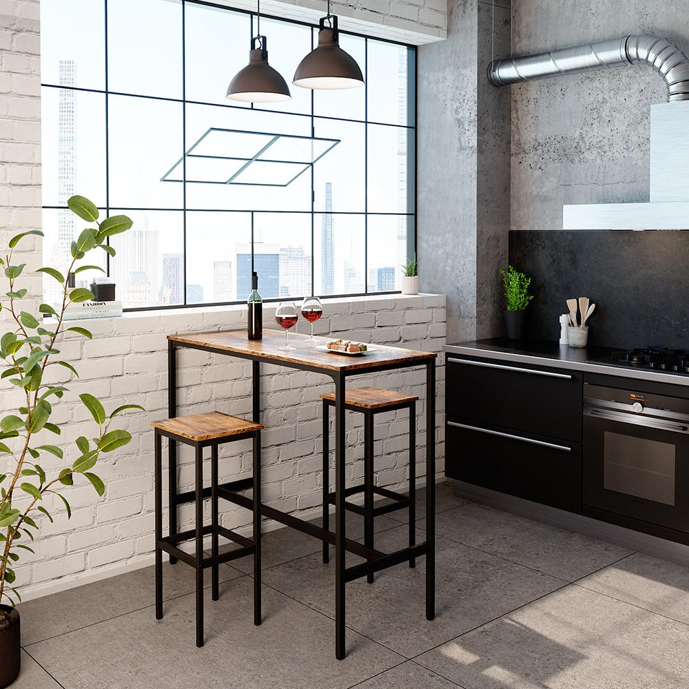 BARTISCH-SET Fyrk Antikholz 120 x 50 cm mit 2 Barhockern - Alteiche/Schwarz, Holzwerkstoff (50/120/105cm) - Vicco