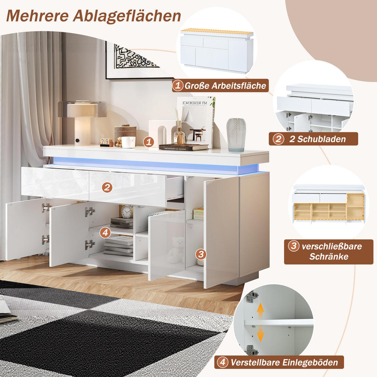 SIDEBOARD 140cm Hochglanz LED 4 Türen 2 Schubladen Weiß modern - Weiß, Holzwerkstoff (35/72.5/140cm) - FLIEKS