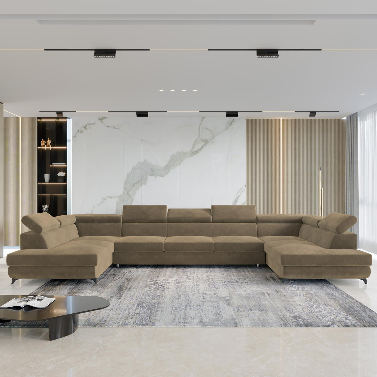 ROHOVÁ SEDAČKA URMANO béžová - černá/béžová, kov/dřevo (395/190cm) - MASSENO