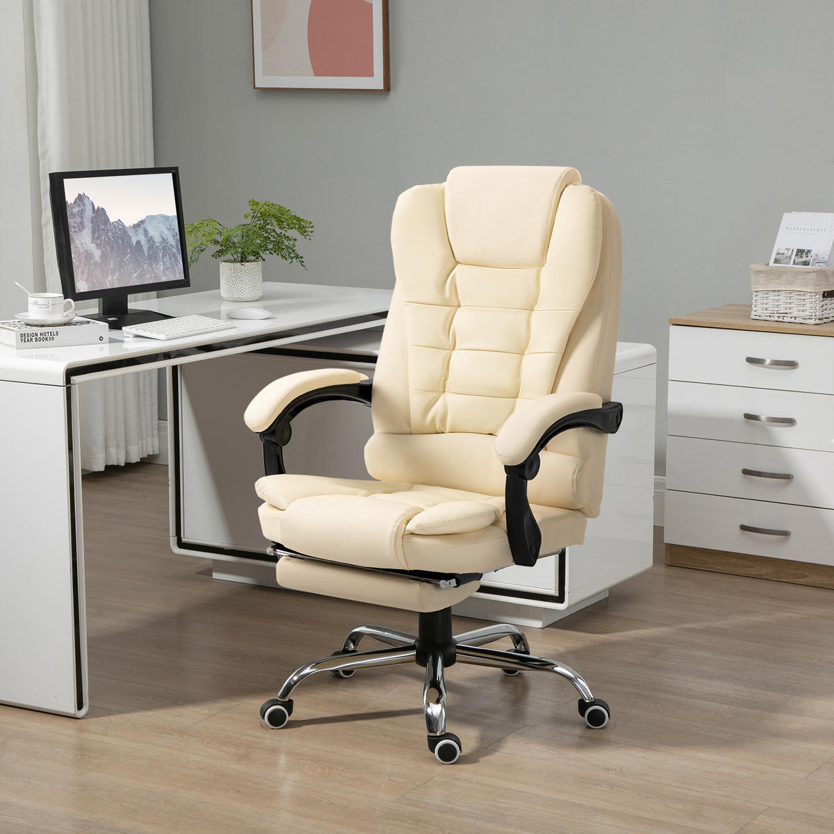 CHEFSESSEL Bürostuhl mit Fußstütze, Schreibtischstuhl mit Neigefunktion Creme - Creme, Leder (69/117/64.5cm) - HOMCOM
