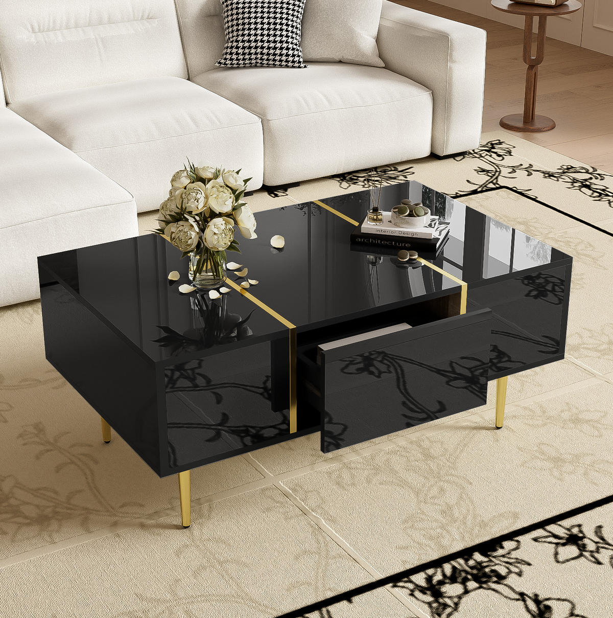 COUCHTISCH aus MDF 100x60x41,5 cm in Schwarz mit 2 Schubladen Hochglanz - Schwarz, Holzwerkstoff (100/60/41.5cm) - Modfu