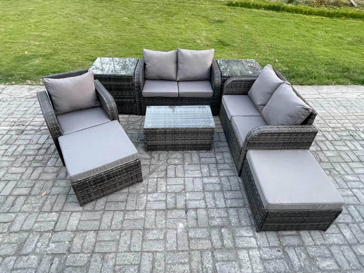 LOUNGESOFA-SET Polyrattan Dunkelgrau 7-Sitzer - Dunkelgrau, Metall - Fimous