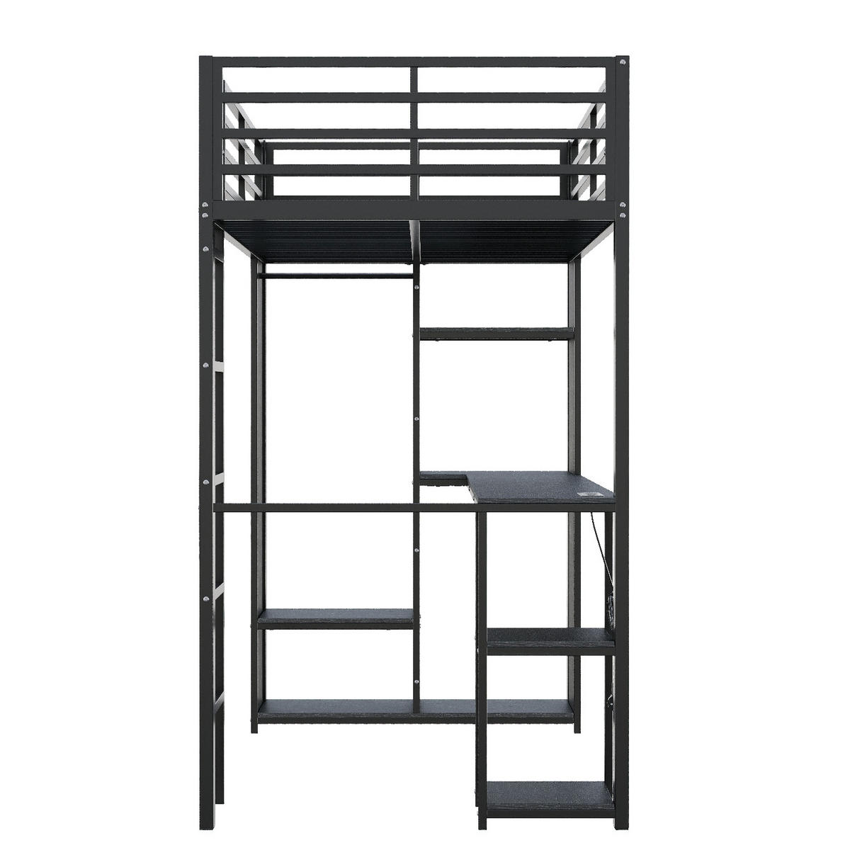 HOCHBETT 90/200 cm Schwarz mit LED-Lichtleiste, Schreibtisch und Offener Kleiderschrank - Schwarz, Metall (90/200cm) - Oxeza