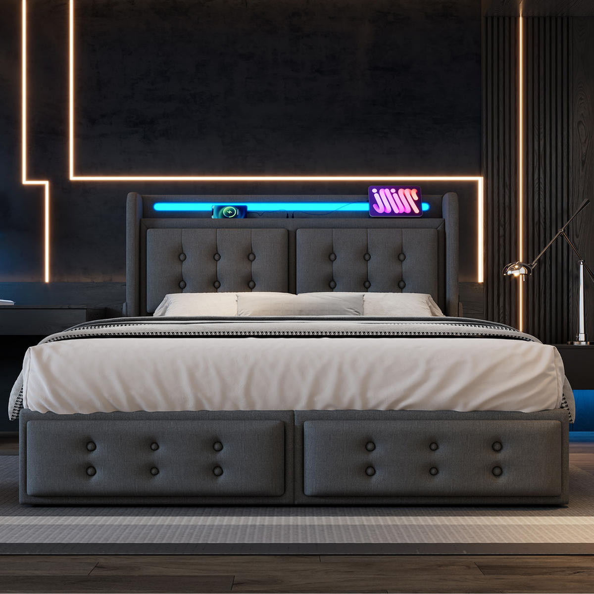 POLSTERBETT 160x200cm Doppelbett LED-Kopfteil USB-C 4 Schubladen Grau - Grau, Holz - FLIEKS