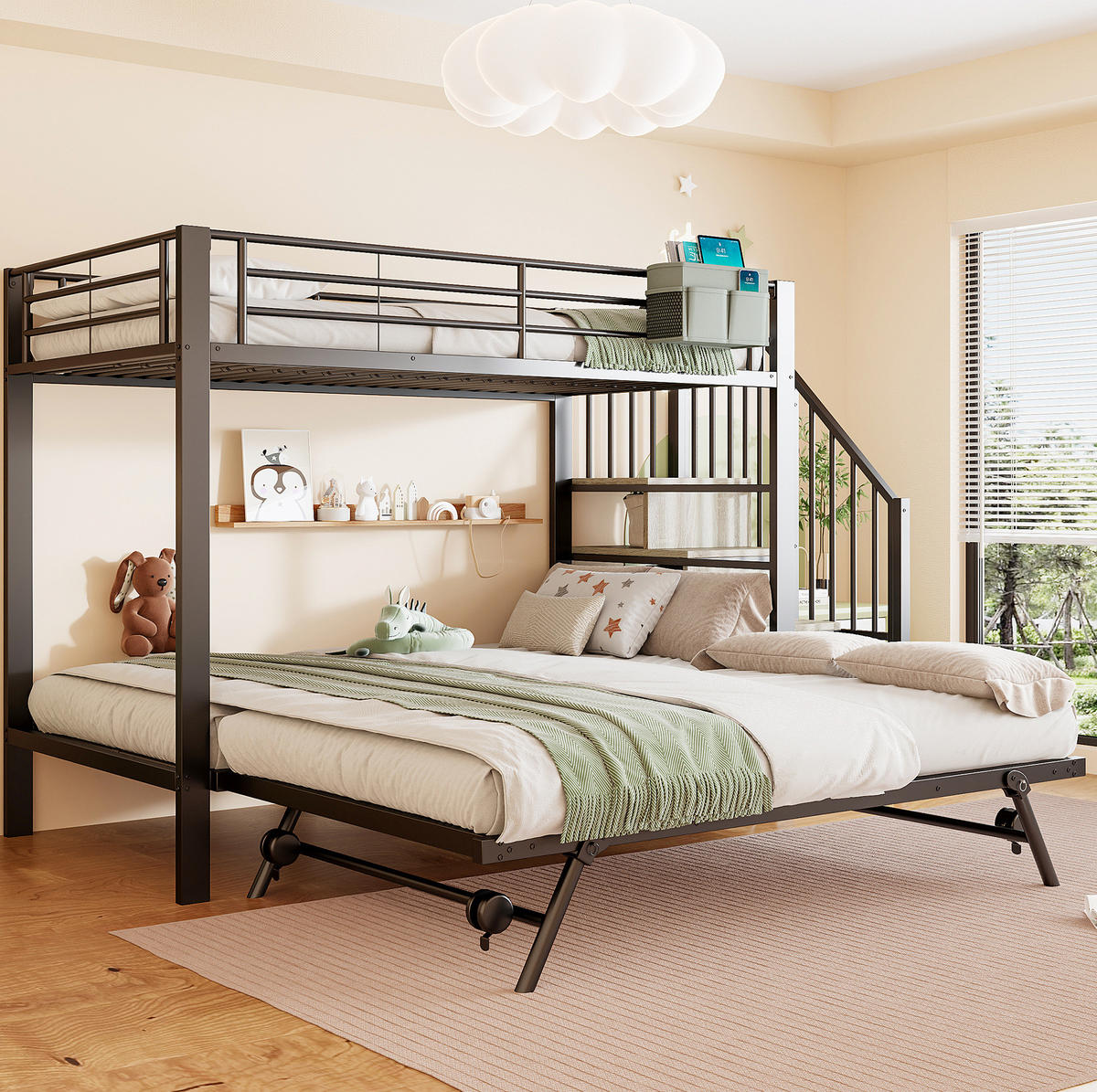 ETAGENBETT 90x200 cm in Schwarz mit Ausziehbett und Stauraumtreppe - Schwarz, Metall (90/200cm) - IVMEU