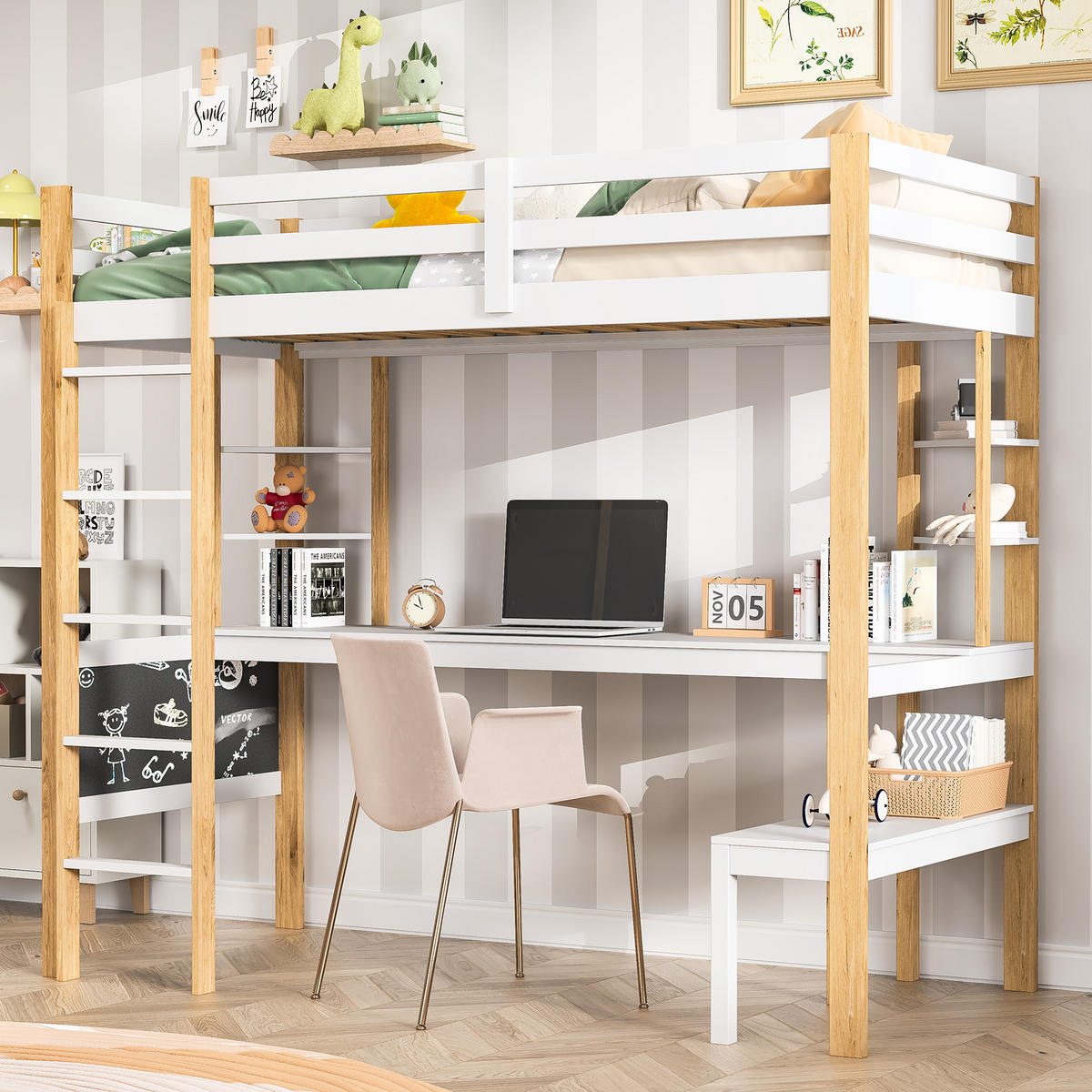 ETAGENBETT 90x200 Weiß mit Treppe - Weiß, Metall (90/200cm) - SHOPENTRA