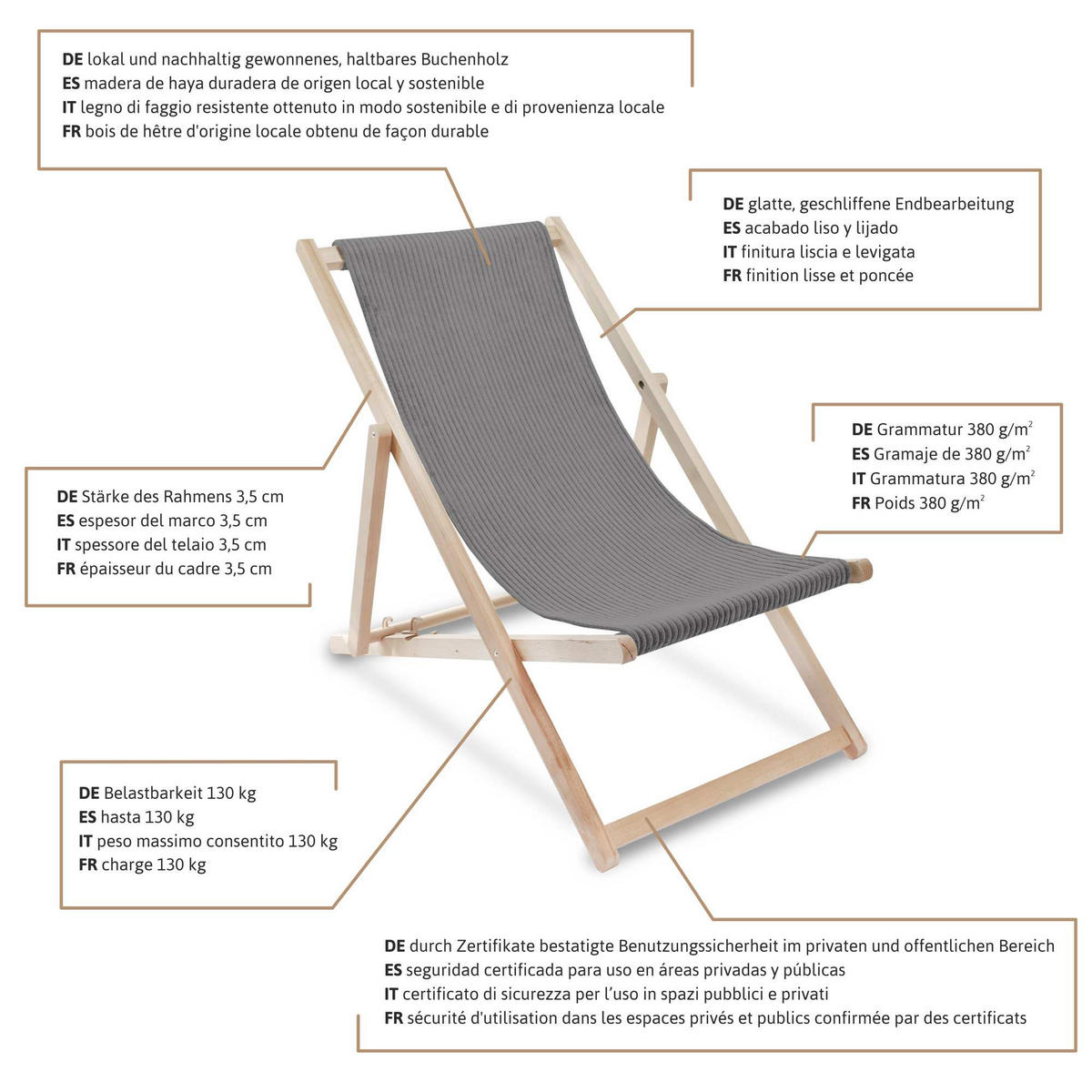 HOLZLIEGESTUHL klappbar Buchenholz Cord-Gewebe Frost Grey M - Grau, Holz/Textil (54/85/92cm) - Dreamroots