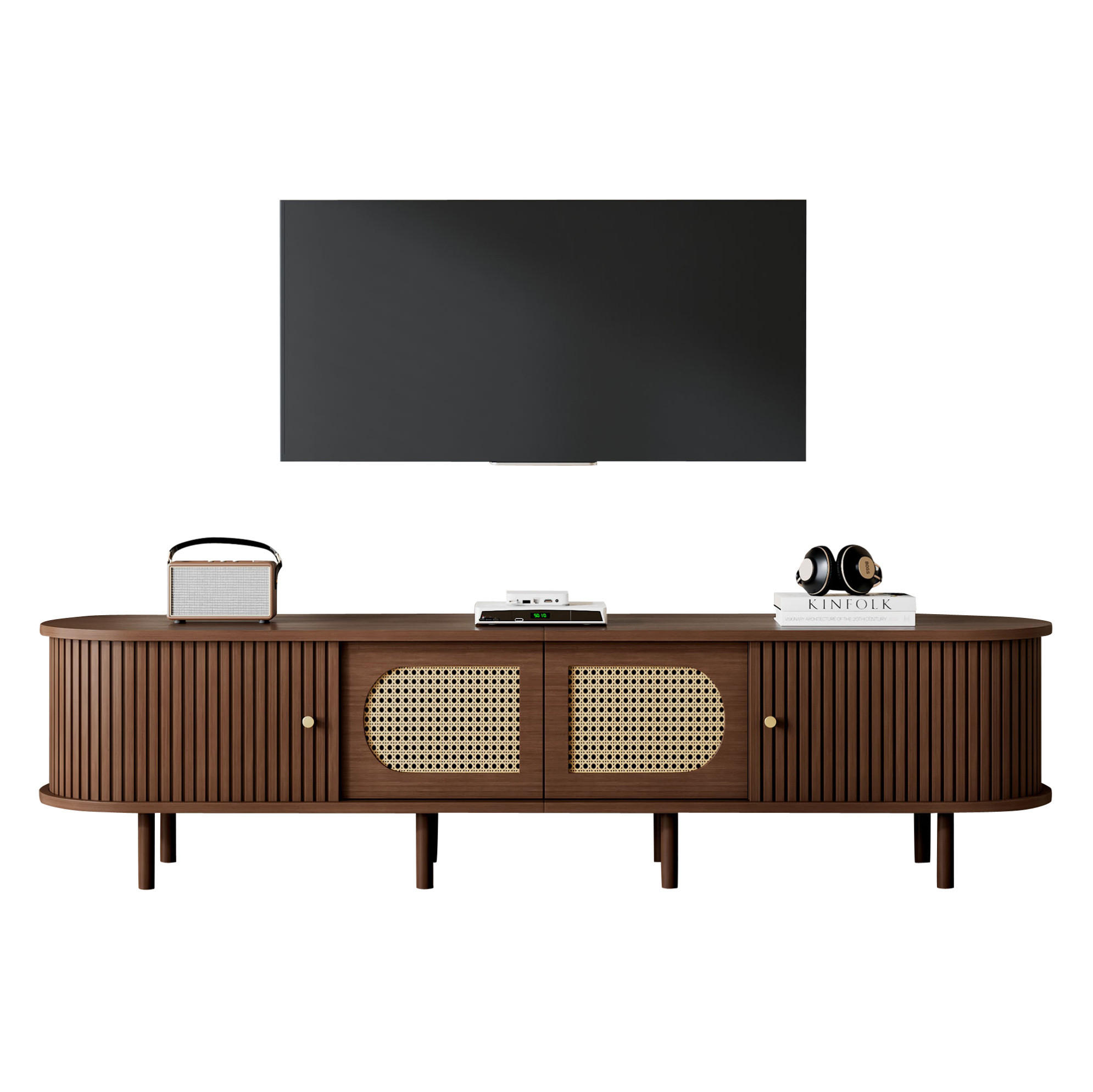 TV stolek z MDF 180x40x40 cm tmavý dub se 2 dvířky, 2 roletovými dvířky a ratanovým dekorem - hnědá, kompozitní dřevo (180/40/40cm) - Modfu