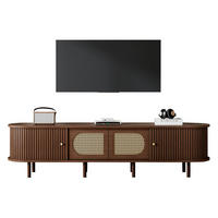 TV stolek z MDF 180x40x40 cm tmavý dub se 2 dvířky, 2 roletovými dvířky a ratanovým dekorem - hnědá, kompozitní dřevo (180/40/40cm) - Modfu