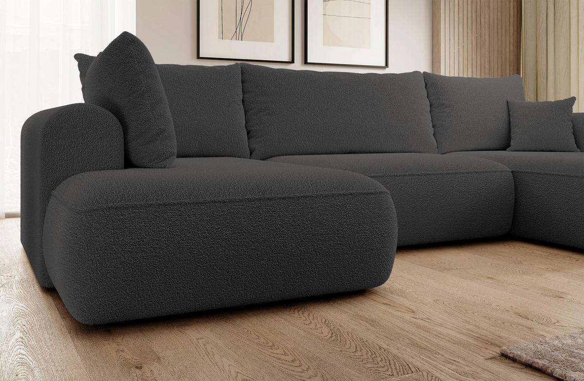 WOHNLANDSCHAFT Ovo Dunkelgrau Boucle - Dunkelgrau/Schwarz, Textil (375/95/185cm) - Selsey