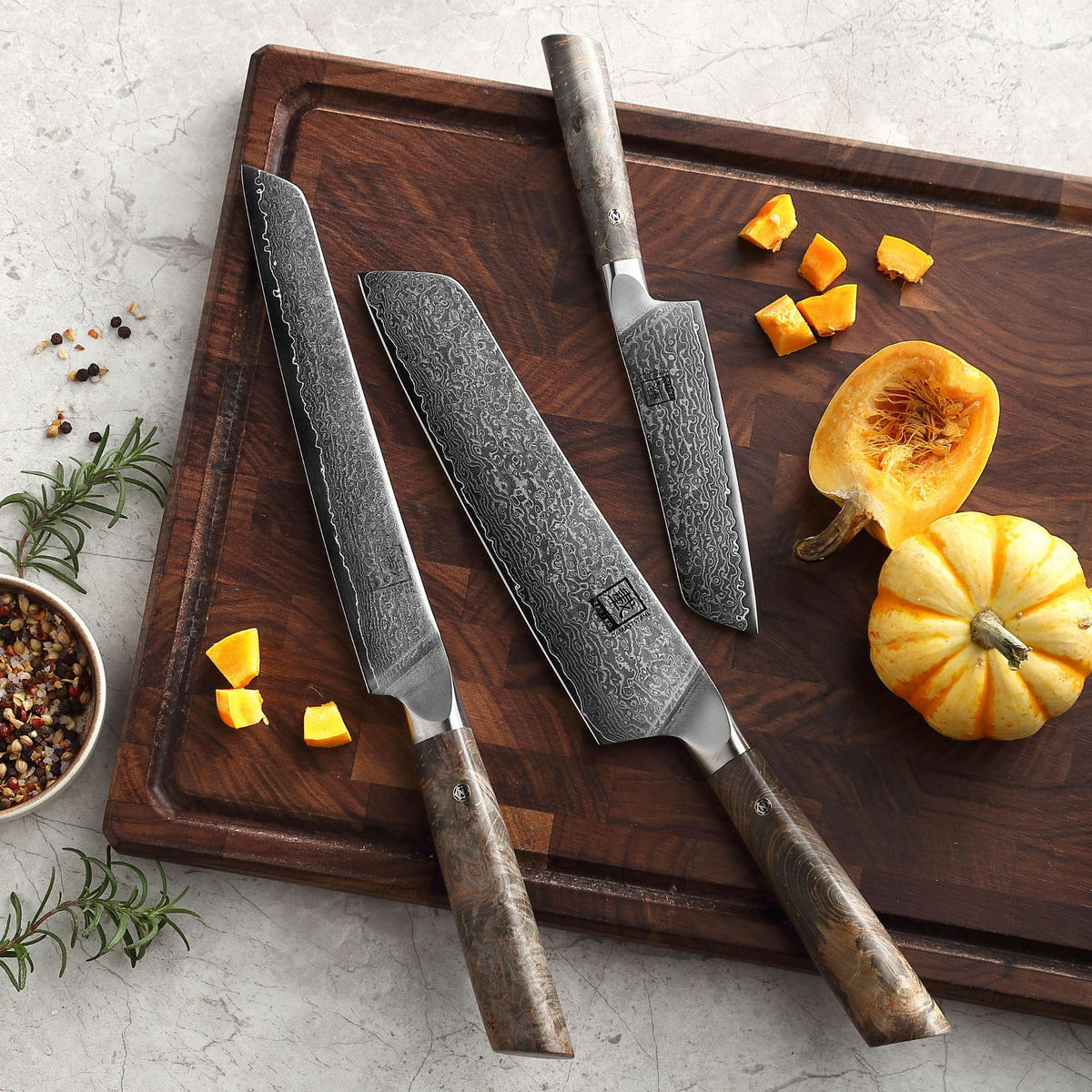 DAMASTMESSER-SET 3-TEILIG 12–20 cm - Ahornfarben, Holz/Metall - Zayiko