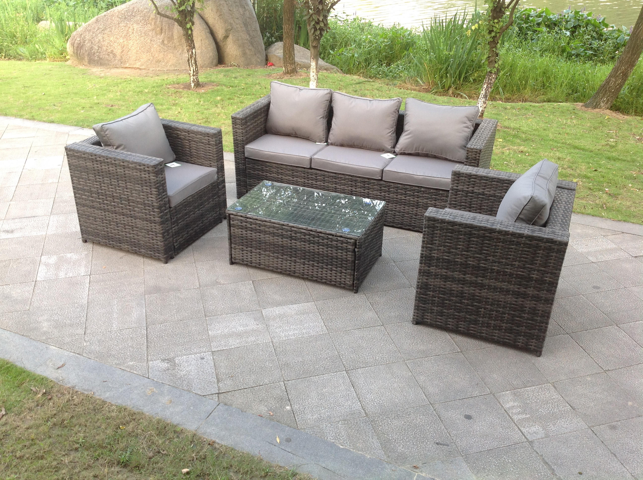 GARTENSOFA Hohe Rückenlehne Polyrattan 5-Sitzer - Dunkelgrau/Grau, Glas/Kunststoff - Fimous